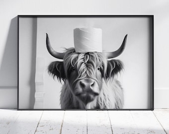 Funny Highland Cow Bathroom Print: Toilet Paper Hat, Modern Farmhouse Art