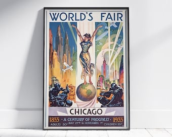 1933 Chicago World's Fair Framed Canvas Print: Vintage Art Deco Travel Poster