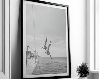 Black and White Ocean Jump Art Print: Women on Sailboat, Summer Trend