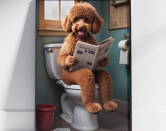 Funny Dog on Toilet Canvas Art: Bathroom Humor Print