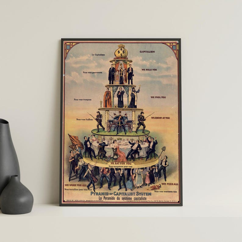May include: A framed vintage poster titled "Pyramid or Capitalist System" in English and French. The poster depicts a hierarchical pyramid with figures representing different social classes, with text such as "We Fool You" and "We Feed All".