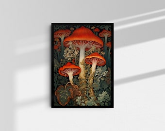 May include: A vintage botanical illustration of red mushrooms with white stems growing in a lush green forest setting. The mushrooms are depicted in a detailed and realistic style, with intricate details on the caps and stems.