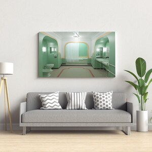 May include: A gray couch with three pillows in a living room setting. The pillows have different patterns: one with a chevron pattern, one with stripes, and one with polka dots. A large framed picture of a green bathroom with a white bathtub hangs on the wall above the couch. A floor lamp with a white shade and a potted plant are also visible in the room.