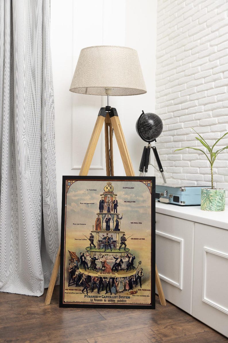 May include: A framed vintage print titled "Pyramid of Capitalist System" depicts a hierarchical structure with various social classes. The print is displayed on a wooden easel next to a beige lampshade and a black globe.