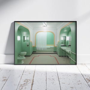 May include: A green bathroom with a white bathtub, a toilet, and two sinks. The bathroom has a green and yellow color scheme and arched doorways.