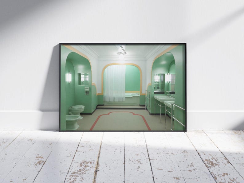 May include: A green bathroom with a white bathtub, a toilet, and two sinks. The bathroom has a green and yellow color scheme and arched doorways.