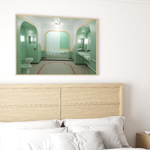 May include: A framed print of a bathroom interior with green walls, white tile floors, and a white bathtub. The bathroom has two sinks and mirrors, and a toilet.