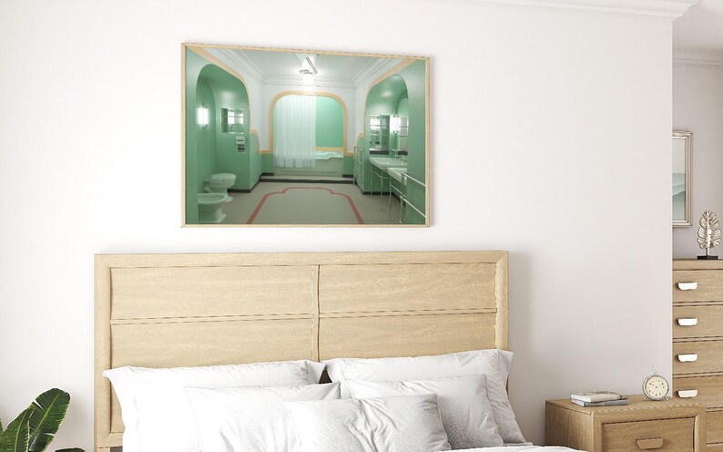 May include: A framed print of a bathroom interior with green walls, white tile floors, and a white bathtub. The bathroom has two sinks and mirrors, and a toilet.