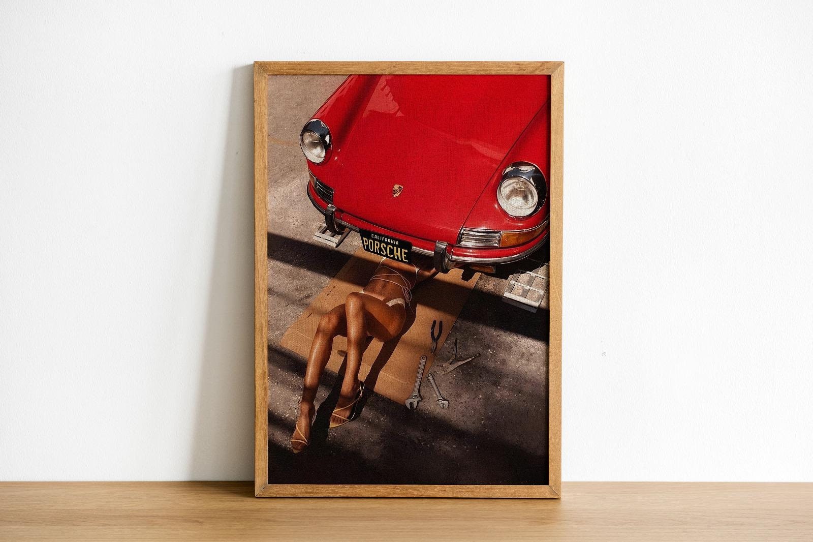 Retro-Inspired Mechanic Woman Art Print, Vibrant Red Car Fashion Photography, Fashion Wall decor, Perfect for Man Cave, Enthusiast Decor