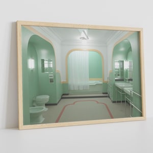 May include: A mirror reflecting a bathroom with green walls, a white bathtub, a toilet, and a sink. The bathroom has a curved archway and a white ceiling.
