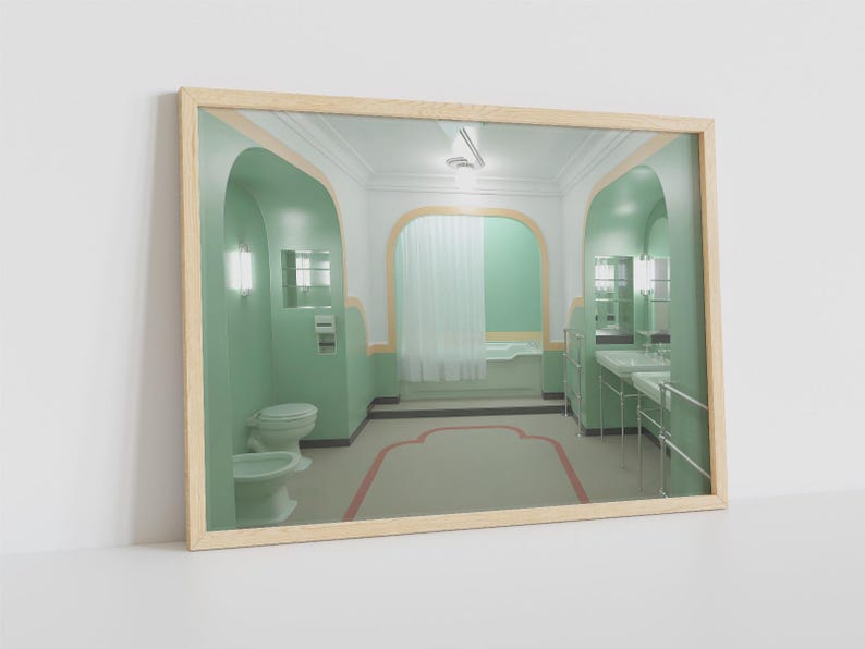 May include: A mirror reflecting a bathroom with green walls, a white bathtub, a toilet, and a sink. The bathroom has a curved archway and a white ceiling.