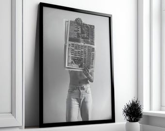 Woman Reading Newspaper Print: Minimalist Black & White Wall Art