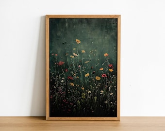 Framed Wildflower Field Art: Botanical Floral Print, Rustic Cottagecore