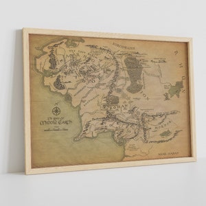 Beste fantasy-filmserie kaart canvas, poster middelste wereldkaart, fantasiekaart, vintage muurdecoratie, Lord op zoek naar de ring, cartografiekaarten