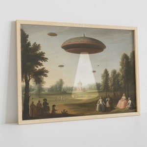 Funny UFO Abduction Art Print: Eclectic Victorian Landscape Wall Decor