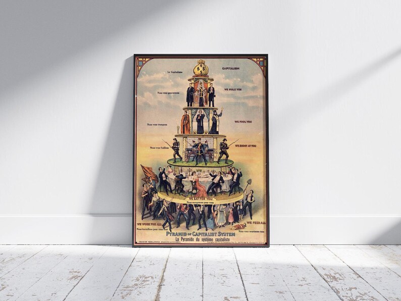 May include: Framed vintage poster depicting the 'Pyramid of Capitalist System'. The illustration shows a tiered structure with figures representing different social classes, with text in English and French. The poster is displayed against a white wall and wooden floor.