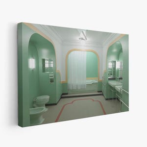 May include: A green bathroom with a white bathtub, a toilet, and a double sink. The bathroom has arched doorways and green tile floors.