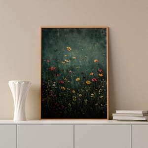 Quadro con cornice vintage con campo di fiori selvatici - Stampa floreale botanica - Decorazione rustica per la casa - Arte murale naturalistica - Estetica Cottagecore - Pronto da appendere