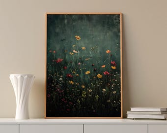 Framed Wildflower Field Art: Botanical Floral Print, Rustic Cottagecore