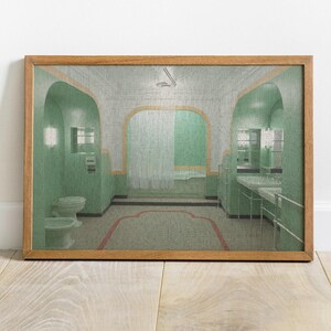 May include: A framed print of a green bathroom with a tiled floor, a white bathtub, and a sink with a mirror. The bathroom has a green and white checkered floor and a green tiled wall.