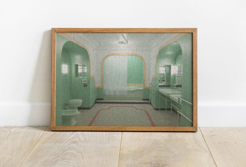 May include: A framed print of a green bathroom with a tiled floor, a white bathtub, and a sink with a mirror. The bathroom has a green and white checkered floor and a green tiled wall.