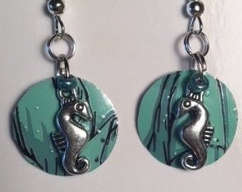 Seahorse recycled can earrings