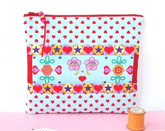 Flower Power Girl Quilted Patchwork Zipper Pouch, Gift for Her, Floral 1960s Retro Inspired Make-up Bag