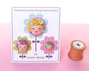 Kokeshi Puppe Nähknöpfe, Ungewöhnliche Knöpfe mit Stoffüberzug, Neuheit Nähzubehör, Knöpfe zum Basteln