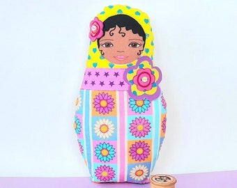 Handmade Cloth Doll, African American Rag Doll, Fabric Matryoshka Softie, Gift for Her