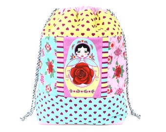 Matryoshka Doll Knitting or Crochet Bag,  Patchwork Drawstring Project Pouch, Gift for Knitter