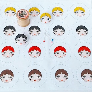 Tiny Doll Faces Fabric Panel (set of 16), Covered Button Making, Mini Fabric Doll Faces, Button Making Supplies, Doll Making Fabric