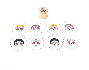 Tiny Day of the Dead Girls Faces Fabric Panel for Covered Button Making, Pack of 8, Doll Making Fabric