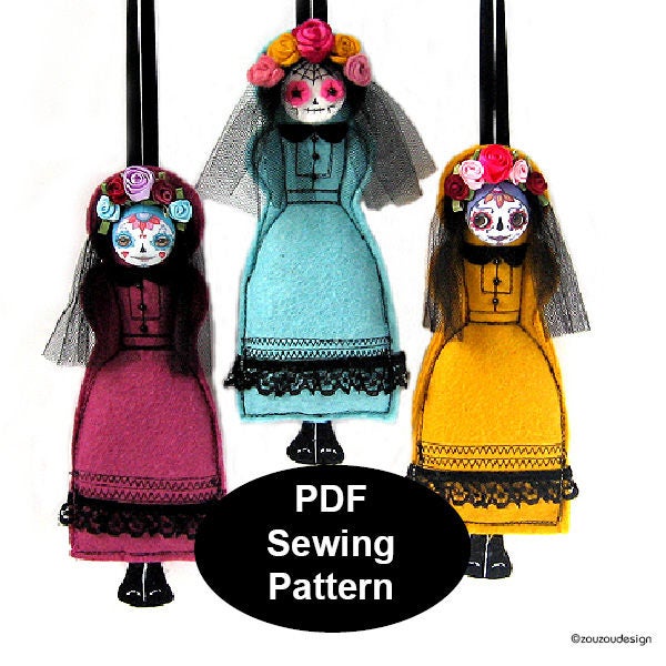 PDF Day of the Dead Ornament Pattern, Felt Sugar Skull Template, Goth Doll Pattern, DIY Creepy Horror Doll, Mexican Catrina DIY