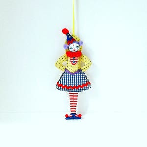 Handmade Clown Doll Fabric Ornament, Pierrot Figurine, Harlequin, Doll Wall Art, Tiny Doll