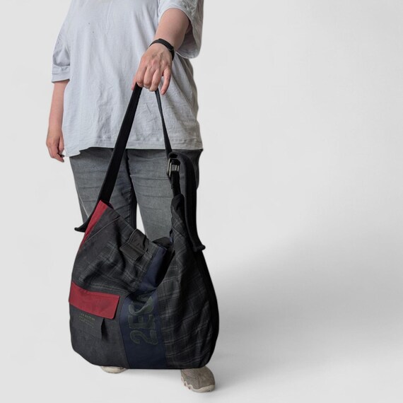 Recycled Waxed Canvas Tote Bag: Distressed Patchwork Shoulder Bag 
