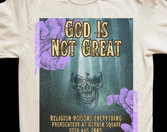 Faux band merch for reasonable people. God Is Not Great owes a grateful nod to Christopher Hitchens. Pigment dyed concert tee w/ soft fade.