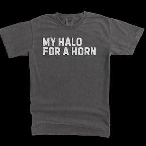 May include: A dark grey t-shirt with the text "MY HALO FOR A HORN" printed in white.