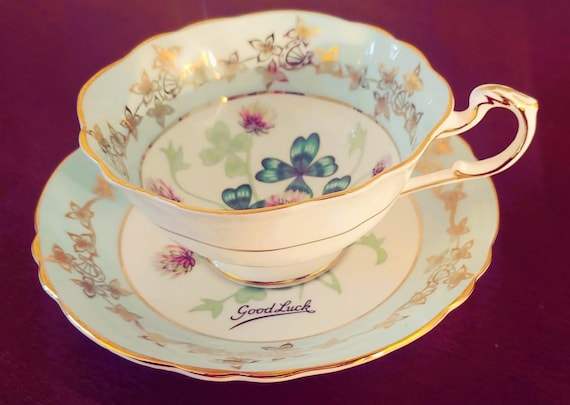 Vintage Paragon Fine Bone China Good Luck Cup and Saucer 4 Leaf Clover