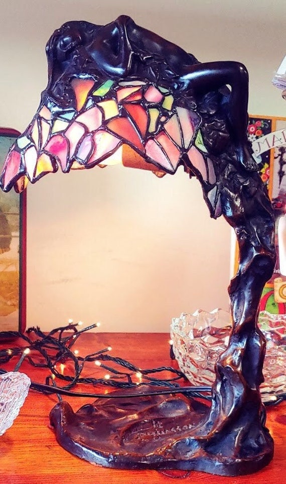 E. Thomasson Art Nouveau Bronze Daphne Bay Tree Stained Glass Lamp 1900-1919