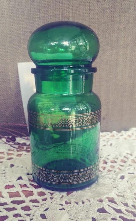 Vintage Green glass Apothecary Jar with Lid Made in Belgium #6