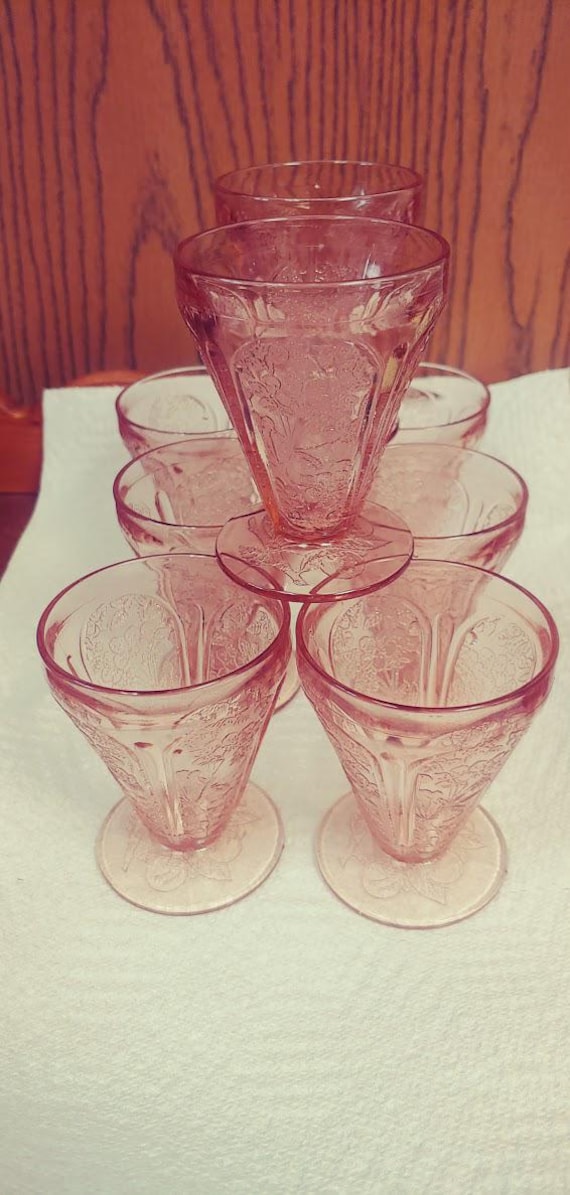 Jeanette Glass Pink Depression Cherry Blossom 4 oz. tumblers/Juice glasses Set of 8