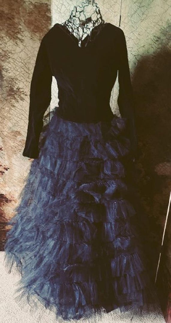 Black Tulle and lined Velveteen Handmade Gown 1940-50s Estate Find!