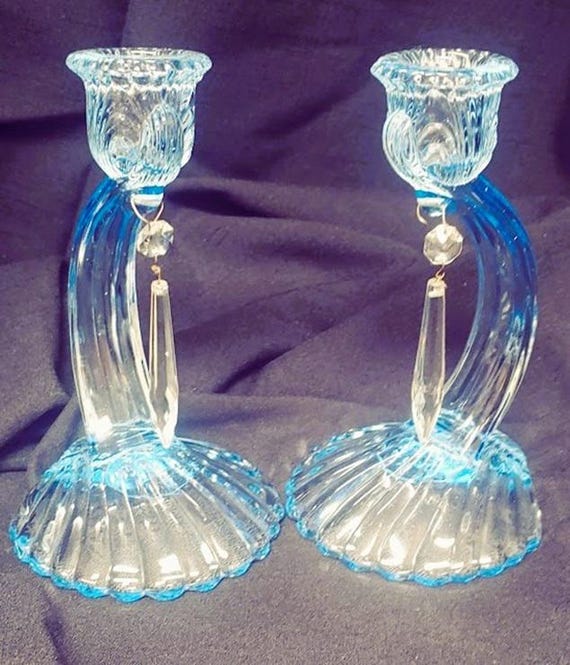 Cambridge Caprice Candlestick with Prism Moonlight Light Blue Candle Holder  (1936-1953)