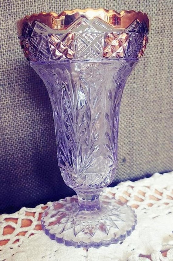 Antique Indiana Glass Horsemint EAPG 1910 Amethyst Gold Trim Vase