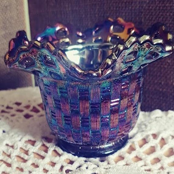 Vintage Fenton Basket Weave Carnival Glass Bowl Iridescent Amethyst Ruffled Edge