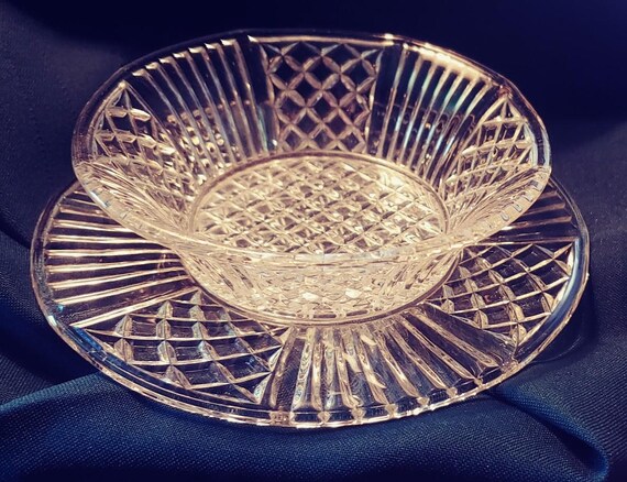 Vintage Diamond with stripe Clear glass Mayo bowl with underplate