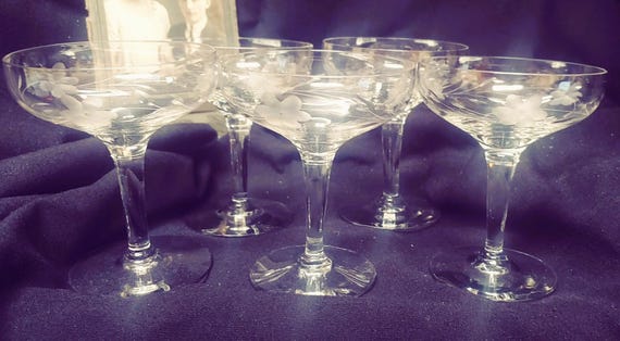 Fostoria Cut 129 Champagne/Tall Sherbet Etched Floral Glasses (5) (1918-1929)