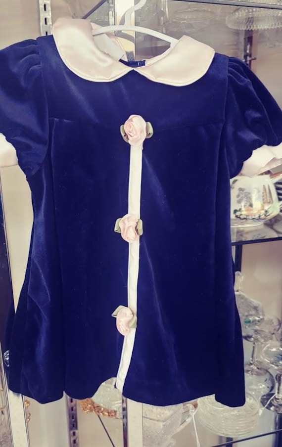 Expression Navy Blue Velveteen w/Peter Pan Collar and Rosebud ribbon Appliques