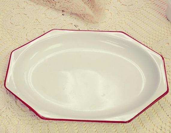 Enamelware Octagon Platter/Tray with Red Trim Vintage
