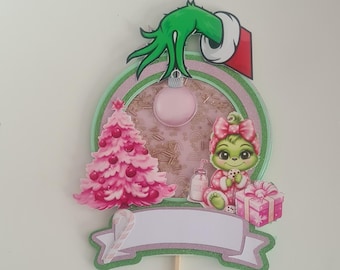Cake topper shaker- Paper decoration for birthday cake - Baby The Grinch Pink Christmas - Mixed - Character - Customizable